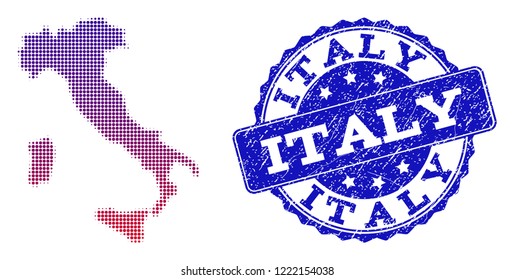 Halftone dot map of Italy and blue scratched seal stamp. Vector halftone map of Italy designed with regular small spheric dots and has gradient from blue to red color.