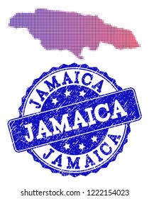 Halftone dot map of Jamaica and blue unclean seal. Vector halftone map of Jamaica constructed with regular small spheric dots and has gradient from blue to red color.