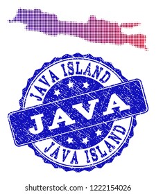 Halftone dot map of Java Island and blue scratched seal stamp. Vector halftone map of Java Island designed with regular small round dots and has gradient from blue to red color.