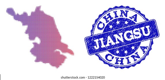 Halftone dot Map of Jiangsu Province and blue corroded seal. Vector halftone Map of Jiangsu Province designed with regular small round points and has gradient from blue to red color.