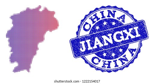 Halftone dot Map of Jiangxi Province and blue scratched seal stamp. Vector halftone Map of Jiangxi Province constructed with regular small circle points and has gradient from blue to red color.