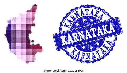 Halftone dot map of Karnataka State and blue grunge seal stamp. Vector halftone map of Karnataka State designed with regular small round points and has gradient from blue to red color.