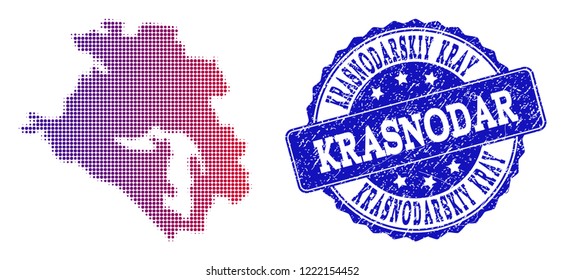 Halftone dot map of Krasnodarskiy Kray and blue unclean seal. Vector halftone map of Krasnodarskiy Kray constructed with regular small spheric dots and has gradient from blue to red color.