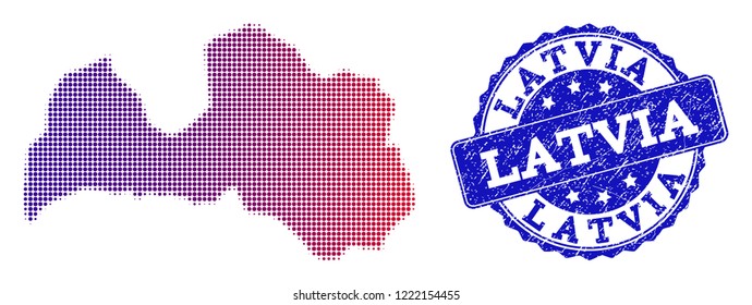 Halftone dot map of Latvia and blue dirty seal stamp. Vector halftone map of Latvia designed with regular small spheric points and has gradient from blue to red color.