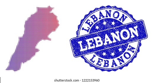 Halftone dot map of Lebanon and blue corroded stamp. Vector halftone map of Lebanon constructed with regular small spheric points and has gradient from blue to red color.