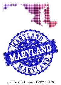 Halftone dot map of Maryland State and blue unclean stamp. Vector halftone map of Maryland State constructed with regular small circle points and has gradient from blue to red color.