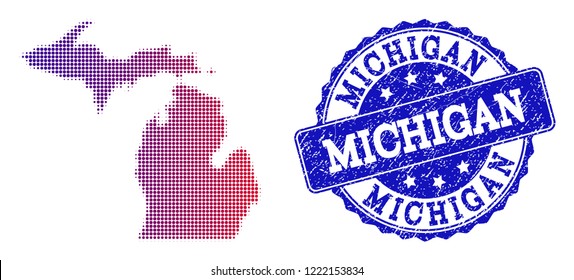 Halftone dot map of Michigan State and blue corroded seal. Vector halftone map of Michigan State constructed with regular small spheric dots and has gradient from blue to red color.