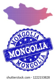 Halftone dot map of Mongolia and blue unclean seal stamp. Vector halftone map of Mongolia designed with regular small spheric dots and has gradient from blue to red color.