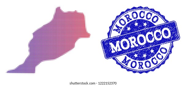 Halftone dot map of Morocco and blue dirty seal stamp. Vector halftone map of Morocco constructed with regular small spheric points and has gradient from blue to red color.