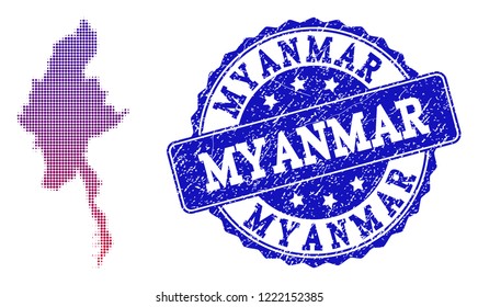 Halftone dot map of Myanmar and blue grunge seal. Vector halftone map of Myanmar designed with regular small spheric dots and has gradient from blue to red color.