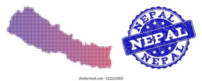 Halftone dot map of Nepal and blue unclean seal stamp. Vector halftone map of Nepal constructed with regular small spheric points and has gradient from blue to red color.