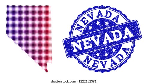 Halftone dot map of Nevada State and blue rubber seal. Vector halftone map of Nevada State designed with regular small circle points and has gradient from blue to red color.