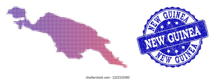 Halftone dot map of New Guinea Island and blue rubber seal. Vector halftone map of New Guinea Island designed with regular small round dots and has gradient from blue to red color.