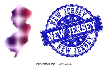 Halftone dot map of New Jersey State and blue unclean seal. Vector halftone map of New Jersey State constructed with regular small round points and has gradient from blue to red color.