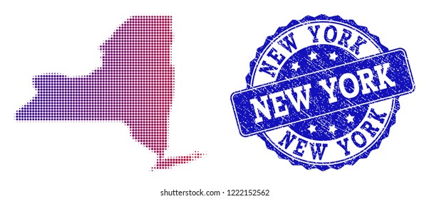Halftone dot map of New York State and blue scratched seal. Vector halftone map of New York State constructed with regular small circle dots and has gradient from blue to red color.