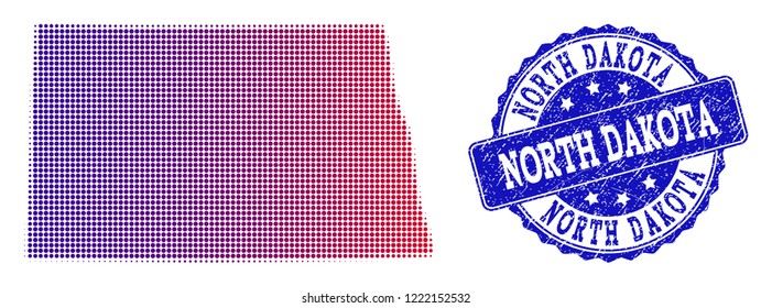 Halftone dot map of North Dakota State and blue rubber stamp. Vector halftone map of North Dakota State designed with regular small round points and has gradient from blue to red color.