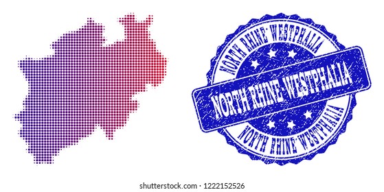 Halftone dot map of North Rhine-Westphalia State and blue rubber seal stamp.