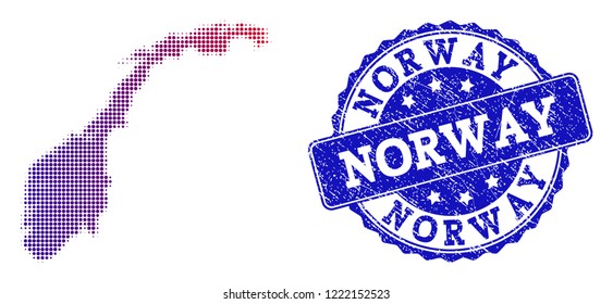 Halftone dot map of Norway and blue rubber stamp. Vector halftone map of Norway designed with regular small spheric points and has gradient from blue to red color.