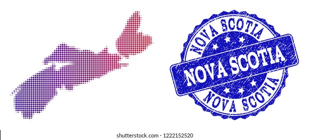 Halftone dot map of Nova Scotia Province and blue rubber seal stamp. Vector halftone map of Nova Scotia Province constructed with regular small circle dots and has gradient from blue to red color.