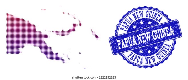 Halftone dot map of Papua New Guinea and blue unclean seal stamp. Vector halftone map of Papua New Guinea designed with regular small spheric dots and has gradient from blue to red color.