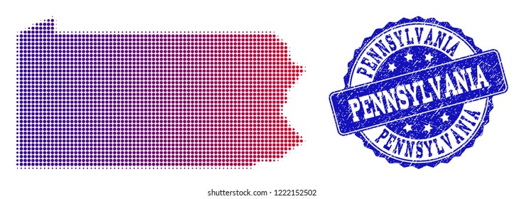 Halftone dot map of Pennsylvania State and blue rubber stamp. Vector halftone map of Pennsylvania State designed with regular small circle points and has gradient from blue to red color.