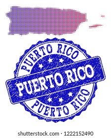 Halftone dot map of Puerto Rico and blue rubber seal. Vector halftone map of Puerto Rico constructed with regular small round dots and has gradient from blue to red color.