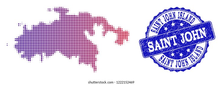 Halftone dot map of Saint John Island and blue scratched seal stamp. Vector halftone map of Saint John Island constructed with regular small round dots and has gradient from blue to red color.