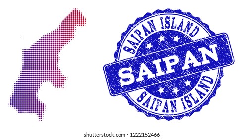 Halftone dot map of Saipan Island and blue rubber seal stamp. Vector halftone map of Saipan Island constructed with regular small round points and has gradient from blue to red color.