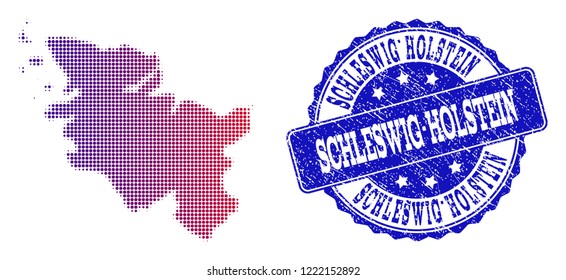 Halftone dot map of Schleswig-Holstein State and blue rubber seal. Vector halftone map of Schleswig-Holstein State designed with regular small spheric points and has gradient from blue to red color.
