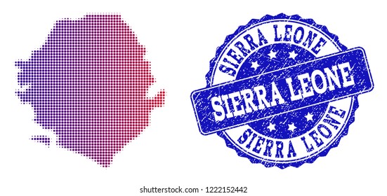 Halftone dot map of Sierra Leone and blue scratched stamp. Vector halftone map of Sierra Leone designed with regular small spheric dots and has gradient from blue to red color.