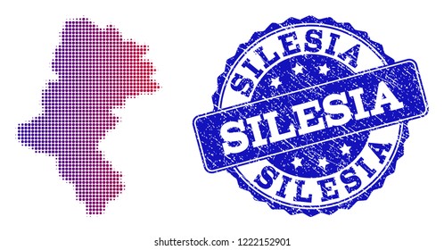 Halftone dot map of Silesia Voivodeship and blue grunge seal. Vector halftone map of Silesia Voivodeship designed with regular small circle points and has gradient from blue to red color.