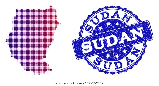 Halftone dot map of Sudan and blue grunge seal. Vector halftone map of Sudan designed with regular small circle points and has gradient from blue to red color.