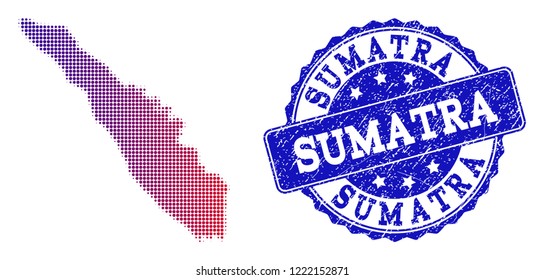 Halftone dot map of Sumatra Island and blue dirty seal. Vector halftone map of Sumatra Island designed with regular small circle dots and has gradient from blue to red color.