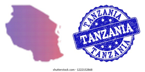 Halftone dot map of Tanzania and blue unclean seal. Vector halftone map of Tanzania constructed with regular small circle dots and has gradient from blue to red color.