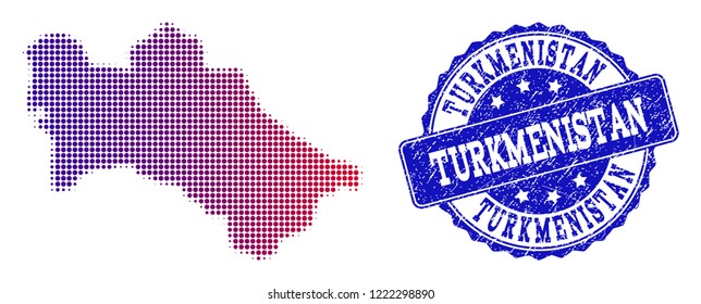 Halftone dot map of Turkmenistan and blue scratched seal. Vector halftone map of Turkmenistan constructed with regular small circle dots and has gradient from blue to red color.