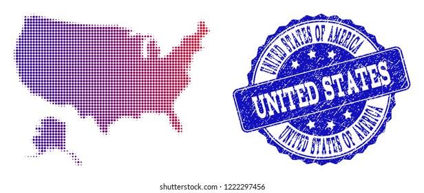 Halftone dot map of USA and Alaska and blue rubber seal. Vector halftone map of USA and Alaska designed with regular small circle dots and has gradient from blue to red color.