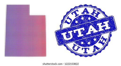 Halftone dot map of Utah State and blue rubber seal stamp. Vector halftone map of Utah State constructed with regular small spheric dots and has gradient from blue to red color.