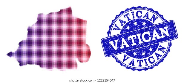 Halftone dot map of Vatican and blue scratched seal stamp. Vector halftone map of Vatican designed with regular small circle dots and has gradient from blue to red color.