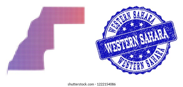 Halftone dot map of Western Sahara and blue rubber seal stamp. Vector halftone map of Western Sahara designed with regular small round points and has gradient from blue to red color.