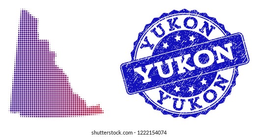 Halftone dot map of Yukon Province and blue grunge seal. Vector halftone map of Yukon Province designed with regular small circle dots and has gradient from blue to red color.