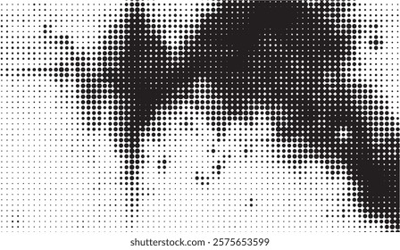 Halftone Dot Matrix Composition, Black Ink Density Gradient Creates Abstract Flow and Sharp Contrast on White Background