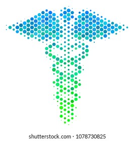 Halftone dot Medical Caduceus Emblem pictogram. Pictogram in green and blue color tones on a white background. Vector concept of medical caduceus emblem icon made of sphere spots.