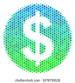 Halftone dot Money pictogram. Pictogram in green and blue color tinges on a white background. Vector composition of money icon constructed of spheric elements.