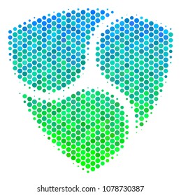 Halftone dot Nem icon. Icon in green and blue color tones on a white background. Vector collage of nem icon made of spheric pixels.