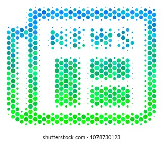 Halftone dot Newspaper icon. Icon in green and blue color tints on a white background. Vector composition of newspaper icon organized of round elements.