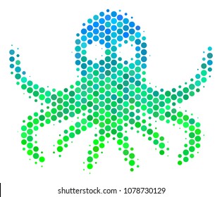 Halftone dot Octopus pictogram. Pictogram in green and blue color hues on a white background. Vector mosaic of octopus icon composed of round pixels.