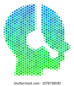 Halftone dot Operator pictogram. Pictogram in green and blue color tones on a white background. Vector collage of operator icon constructed of spheric spots.