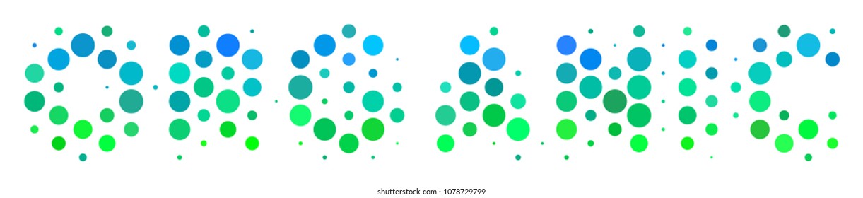 Halftone dot Organic Text icon. Pictogram in green and blue color tints on a white background. Vector pattern of organic text icon composed of spheric elements.