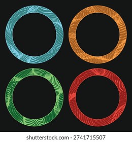 Halftone dot particle flow circles, rings circular graphics element. Colors wreaths of blue, orange, green and red. Round digital frame border set. Vector illustration