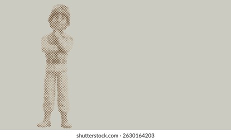 Halftone dot pattern of A cartoon soldier wearing a uniform and helmet